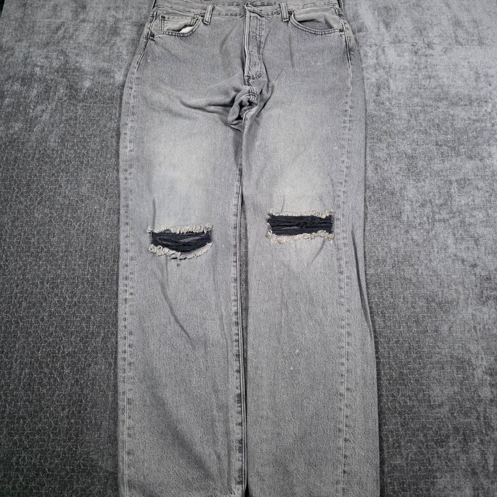 Levis 501 Premium Straight Leg Jeans Mens 34x34 Gray Distressed Ripped Knee